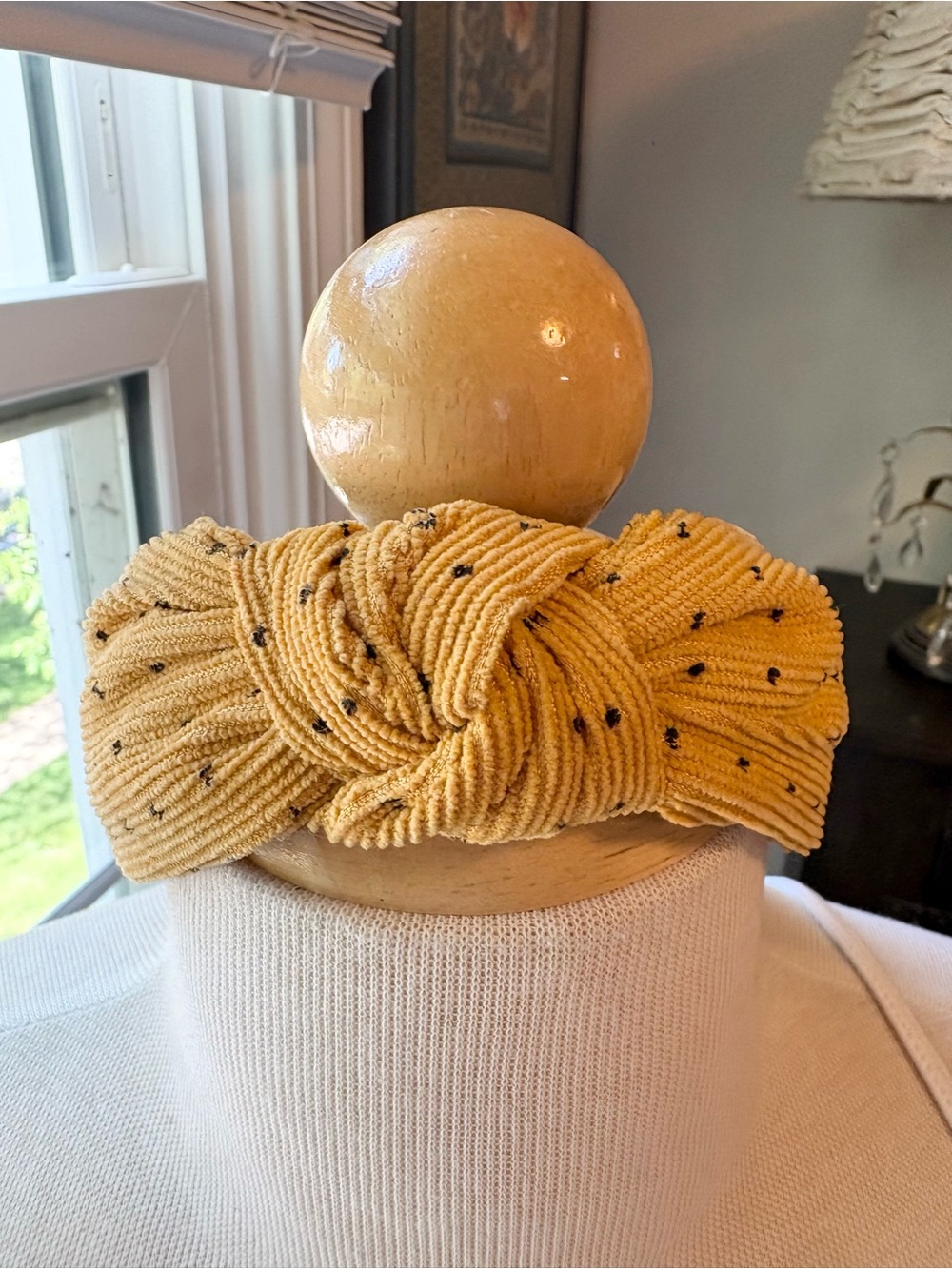 Mustard Yellow Knotted Corduroy Headband with Black Dots